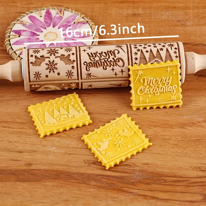 Wooden Embossing Rolling Pin for Christmas Cookies and Holiday Baking