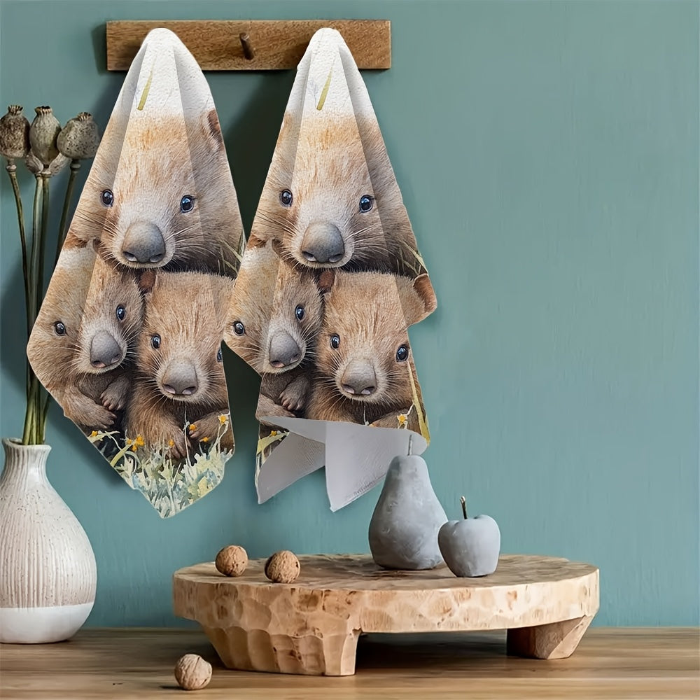 Set of 2 Watercolor Wombat Kitchen Towels Absorbent Dish Hand Towels