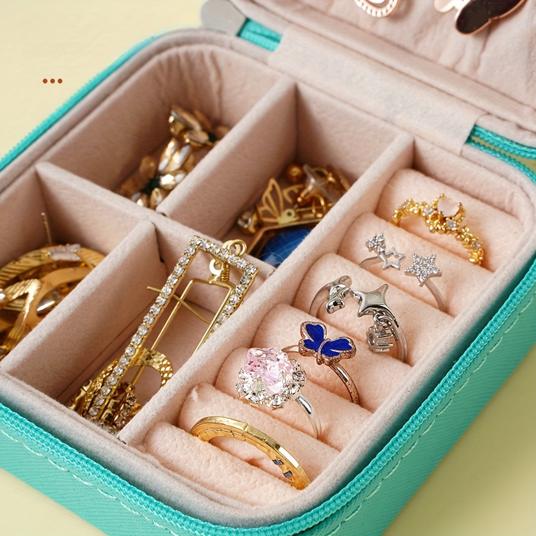 Organizador de joyas rectangular con cremallera para viaje y hogar, forrado de tela para pendientes, anillos y collares