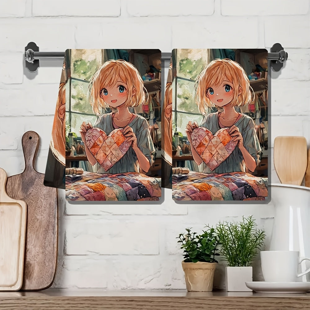 Set of 2 Anime Girl Kitchen Towels 16x24 Inches Ultra Soft Absorbent