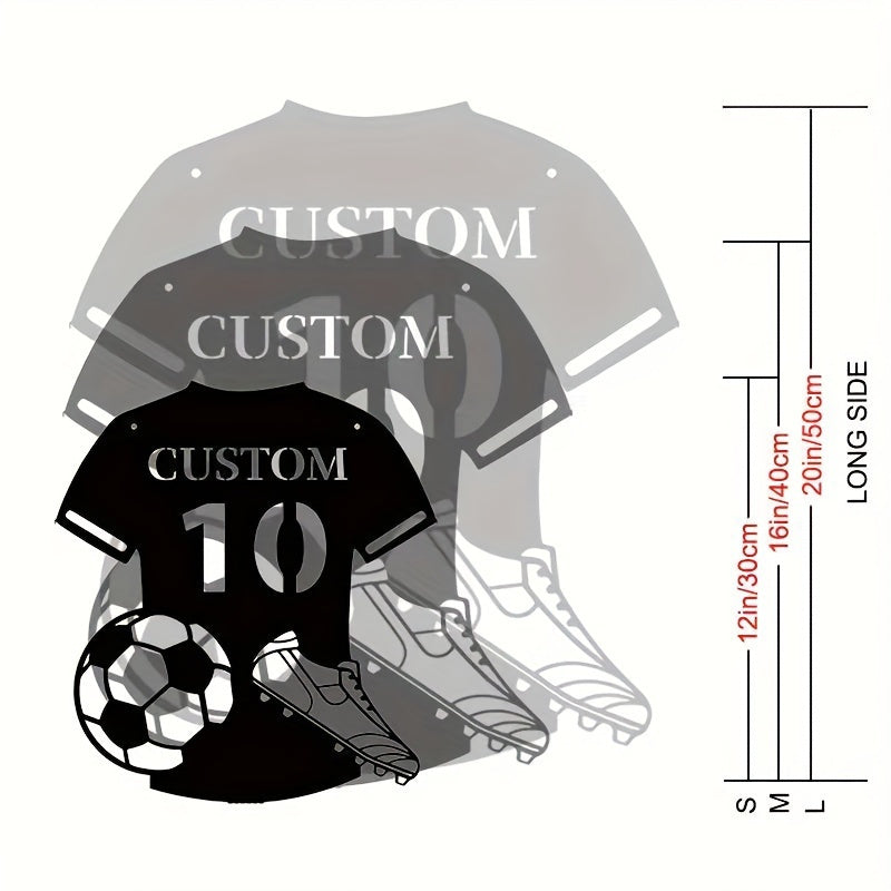 Arte de pared de metal con diseño personalizado de camiseta de fútbol, nombre y número personalizables, decorativo reutilizable y desmontable para entusiastas del deporte