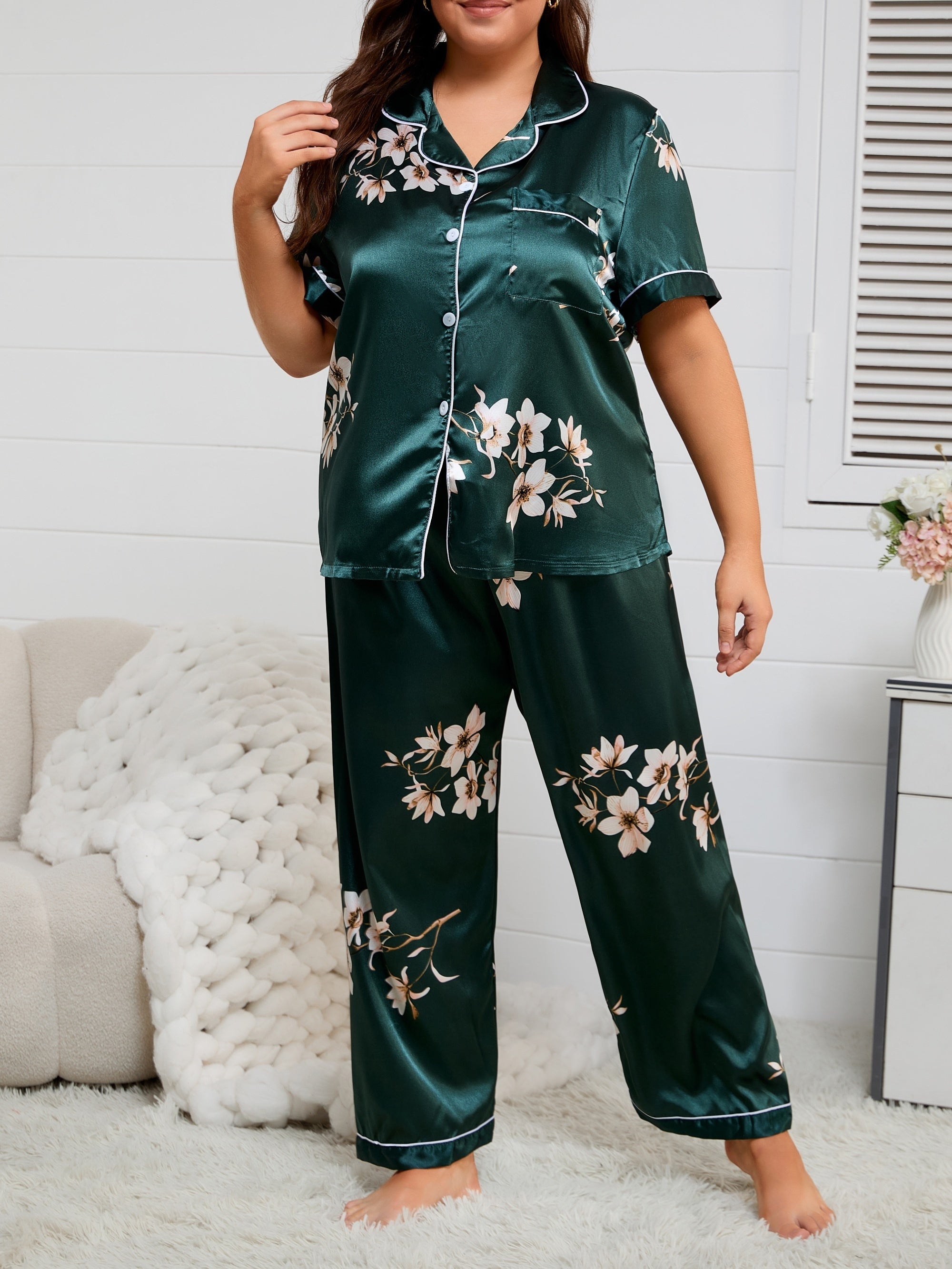 Rang-barang gullli pijama to'plami, kattalar uchun, barcha mavsumlar, katta o'lchamlar, qisqa qo'lqop