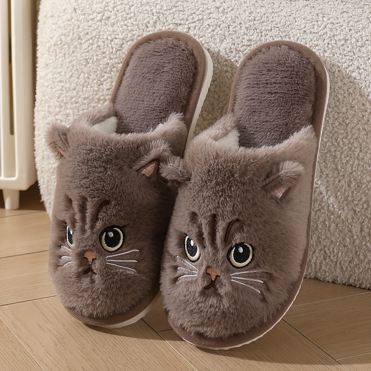 Women's Cartoon Cat Plush Slippers Soft EVA Indoor Outdoor Black White Bow