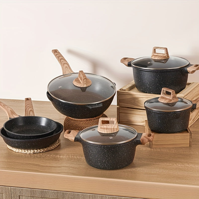 Black Non-Stick Frying Pan and Wok Set Maifan Stone Coating for Gas and Induction