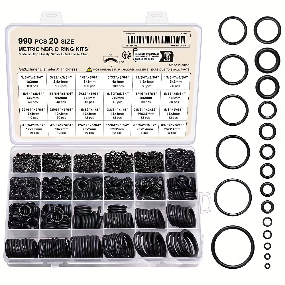 990Pcs Nitrile Rubber O-Ring Kit 70A Durometer Round Cross Section 20 Sizes