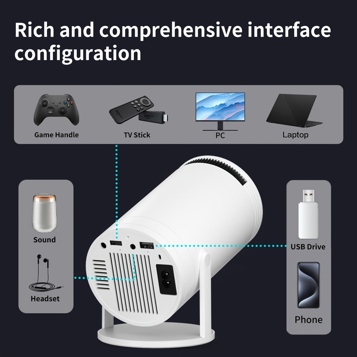 Mini Portable Projector 1080P WiFi6 180° Rotation for Home Office