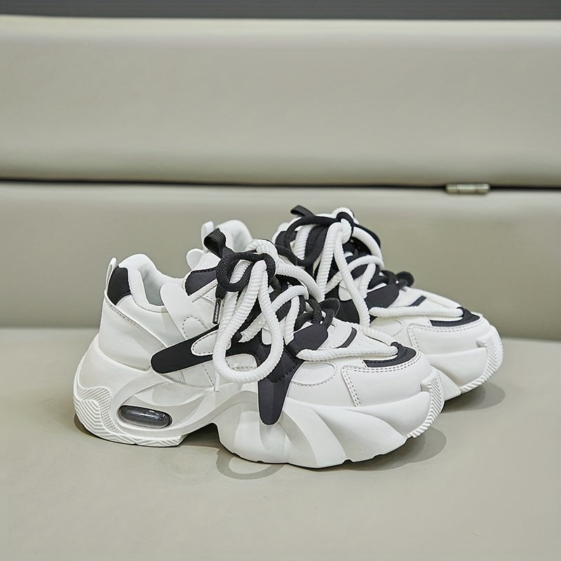Women’s Chunky Platform Dad Shoes Beige Brown PU Sneakers All-Season Comfort
