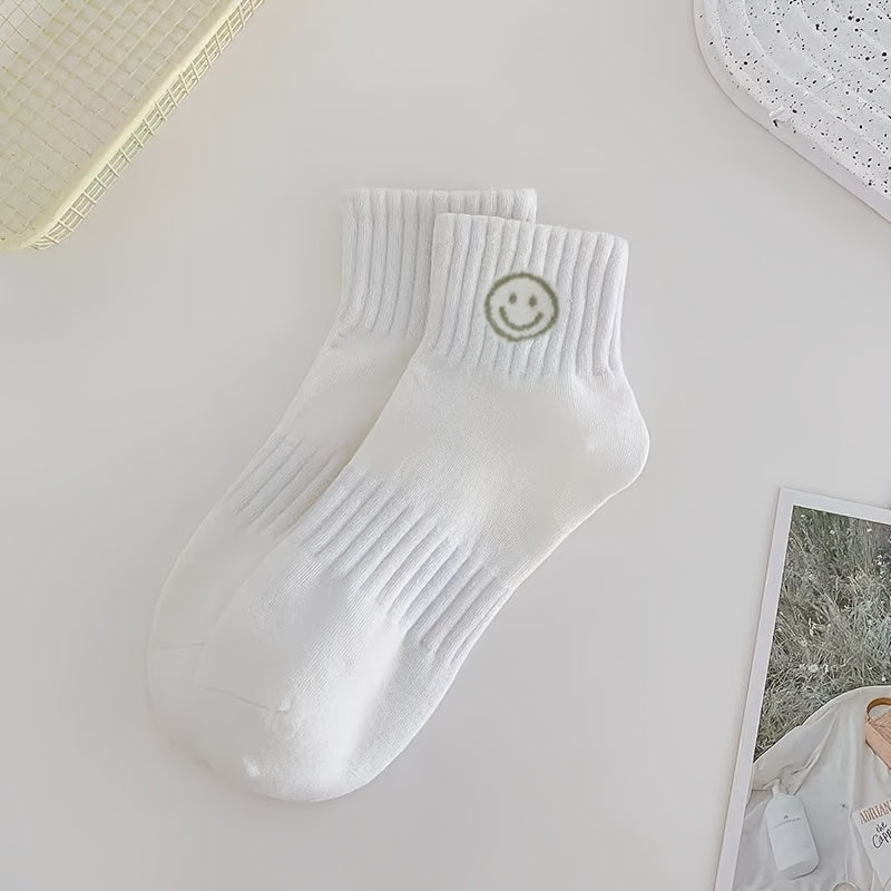 Mujeres calcetines cortos 5 pares con estampado de cara de dibujos animados, calcetería ligera de punto