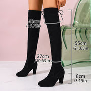 Women's Black Over-the-Knee High Heel Boots with Chunky Heel and Platform