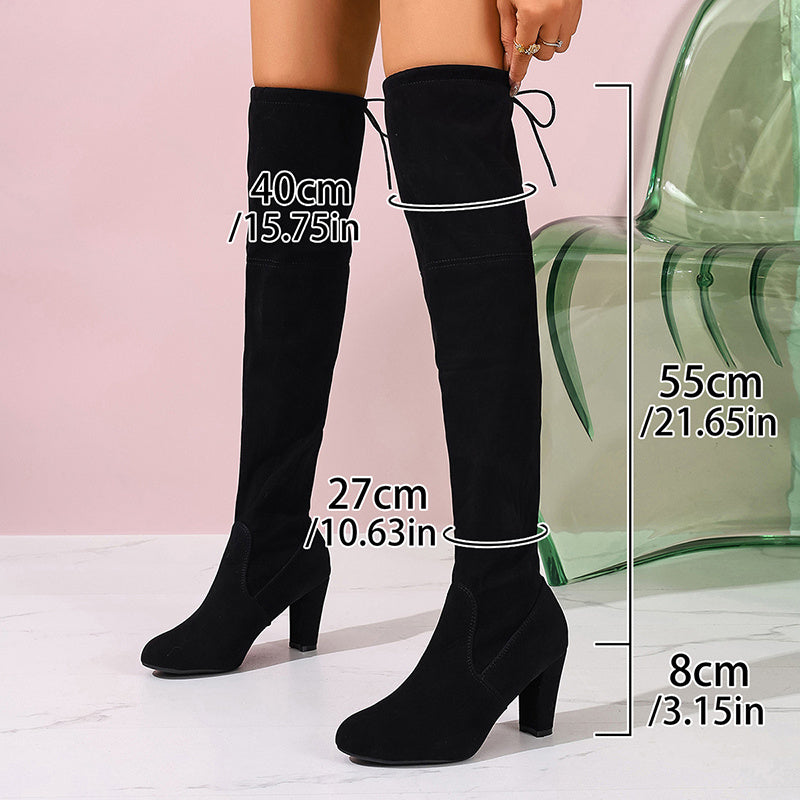 Women's Black Over-the-Knee High Heel Boots with Chunky Heel and Platform