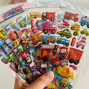 Set of 8 Cartoon Vehicle Stickers with 3D Stereoscopic Cars Fire Trucks and Excavators for Kids