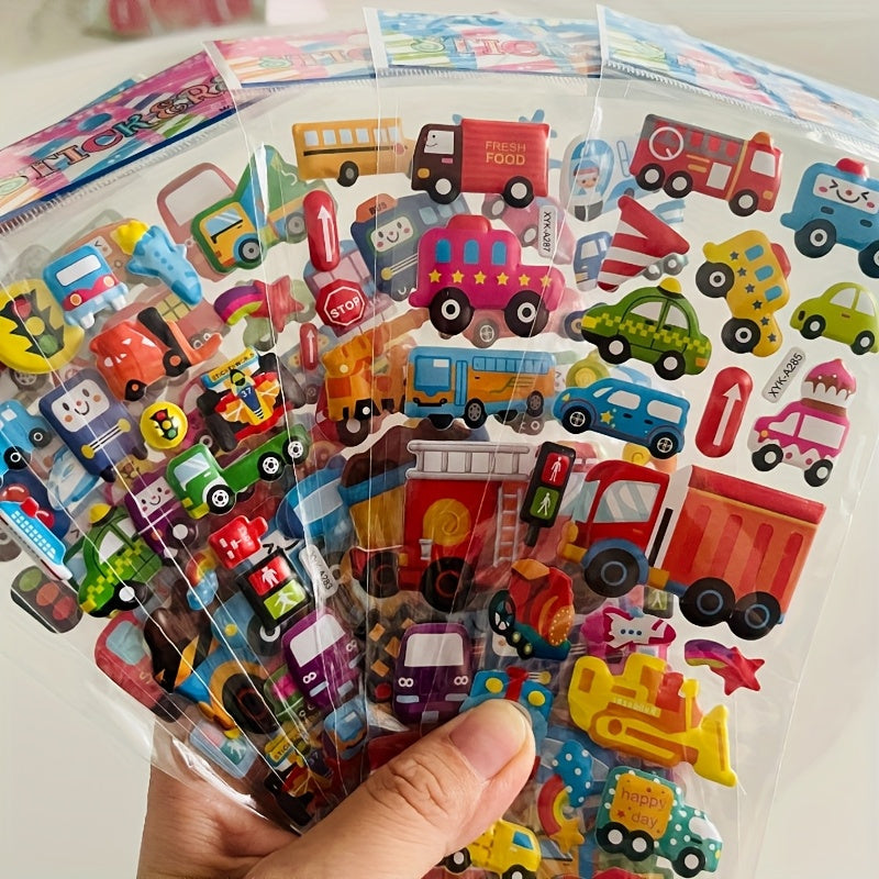 Set of 8 Cartoon Vehicle Stickers with 3D Stereoscopic Cars Fire Trucks and Excavators for Kids