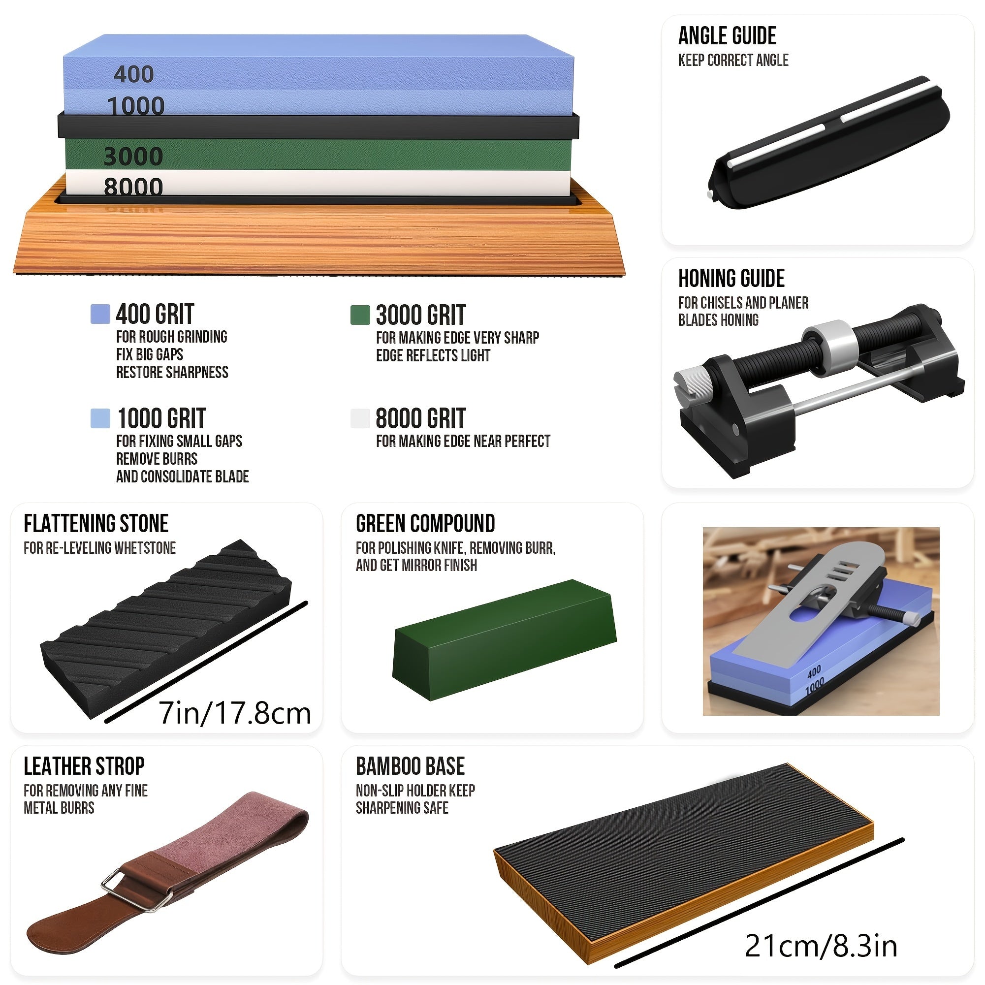 Knife Sharpening Stone Set with Grit 400/1000/3000/8000, Bamboo Base, Leather Strop