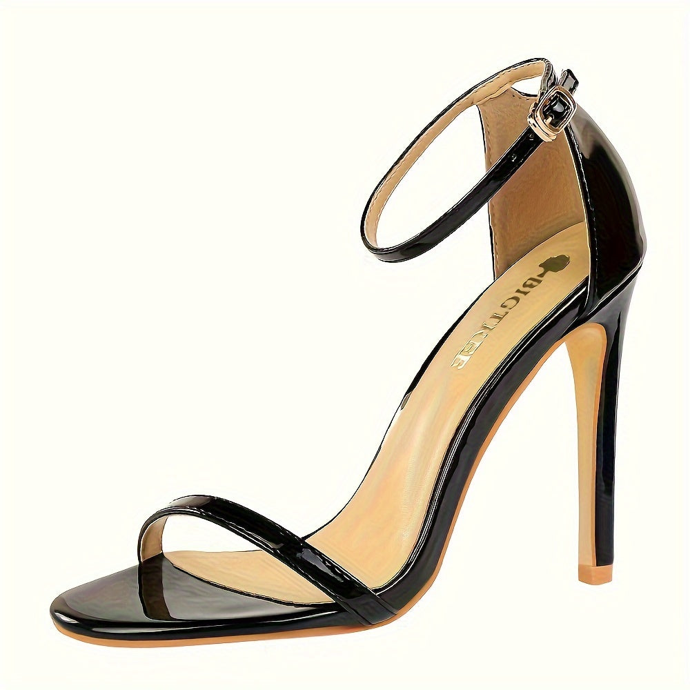 Women Black Stiletto Sandals Open Toe Ankle Strap High Heel Dress Shoes