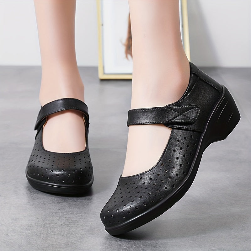 Women's Breathable Wedge Sandals White Perforated Mary Jane Comfort Shoes