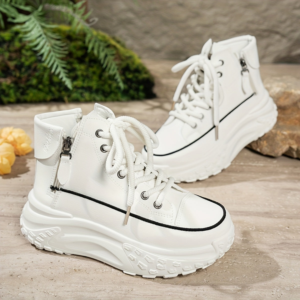 Women's High-Top Platform Sneakers with Rubber Sole Slip-Resistant Beige Black