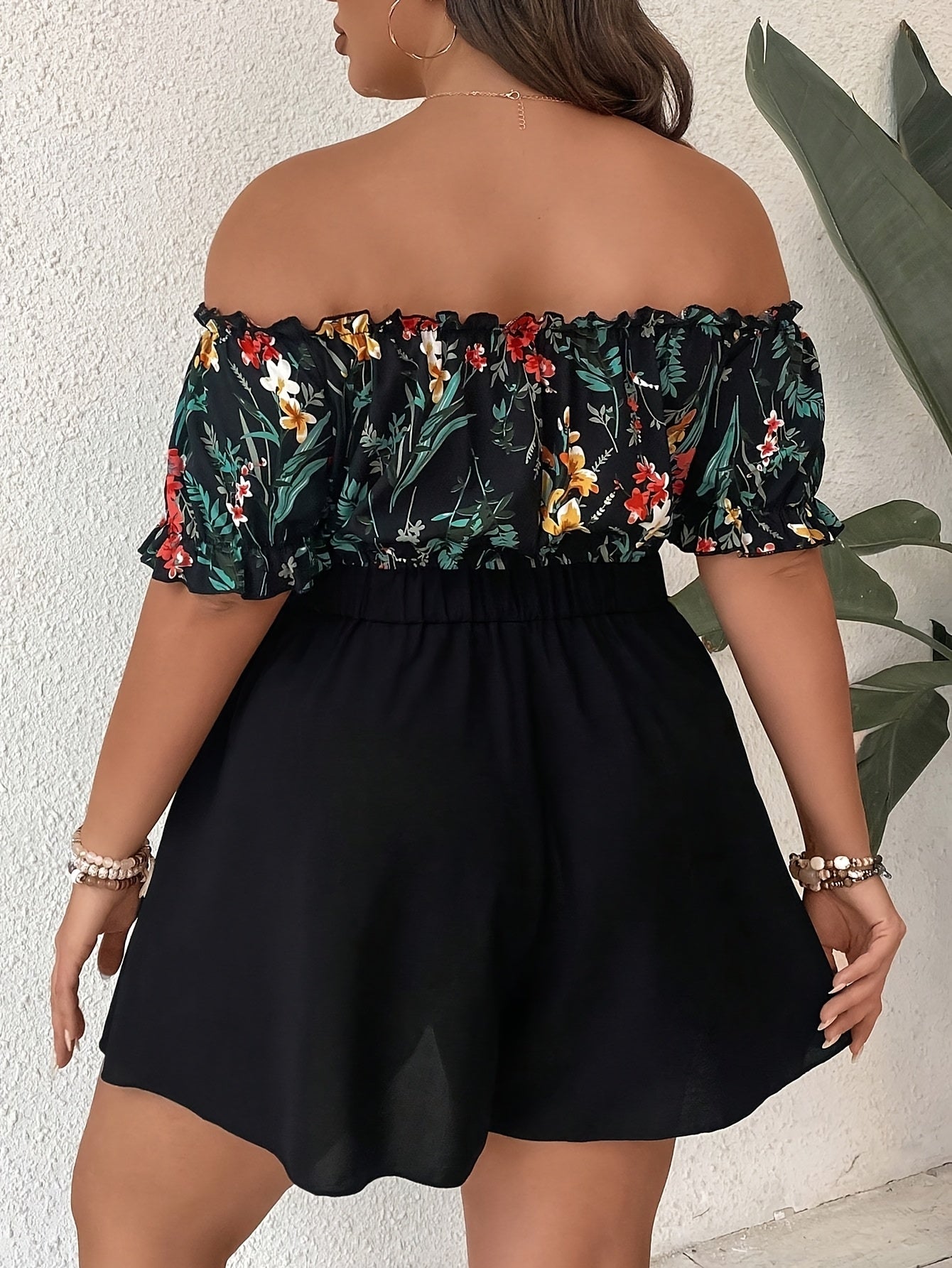 Plus Size Floral Print Summer Dress Jumpsuit Off-Shoulder Ruffled Hem