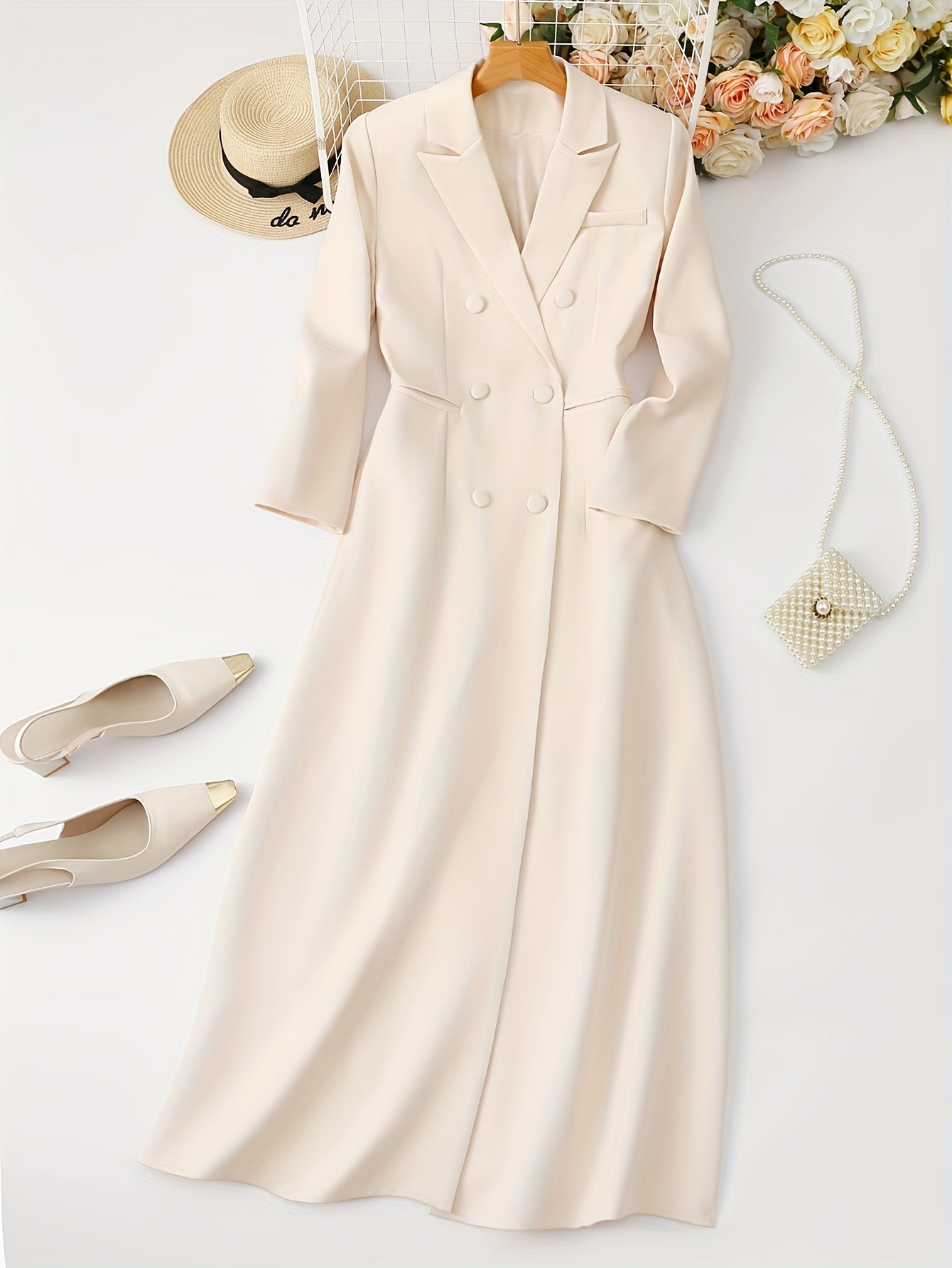 Blazer de color sólido para mujer, chaqueta de traje de doble botonadura, manga larga, poliéster, para negocios y ropa formal