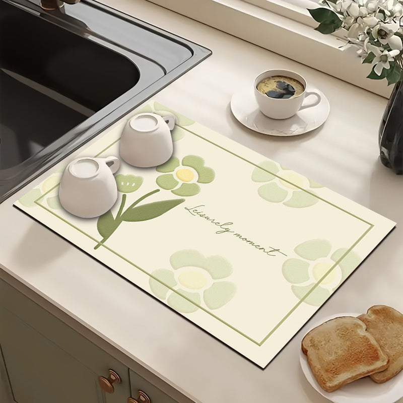Floral Pattern Polyester Drying Mat for Kitchen Countertop Dish Draining Absorbent