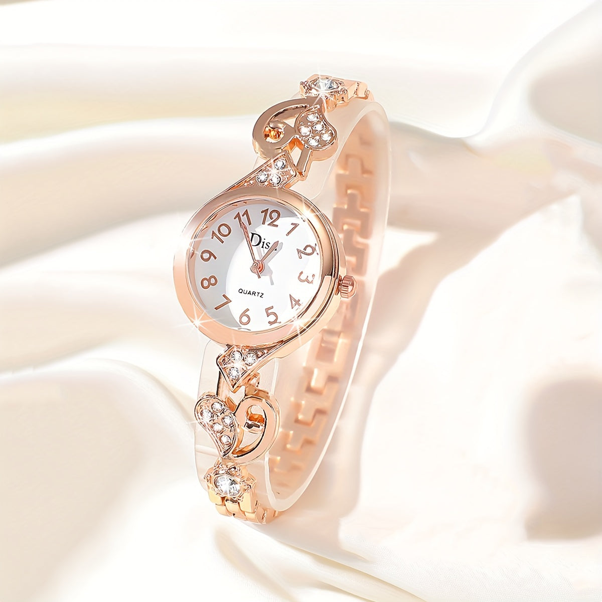 Women's Quartz Watch with Rhinestone Accents, Round Analog Bracelet, Zinc Alloy Band