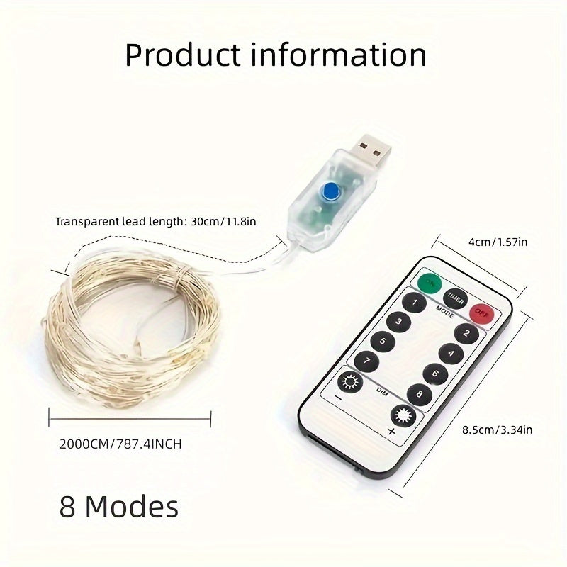 20m 200 LED USB-Powered Decorative String Lights with Remote Control for Indoor Outdoor Use