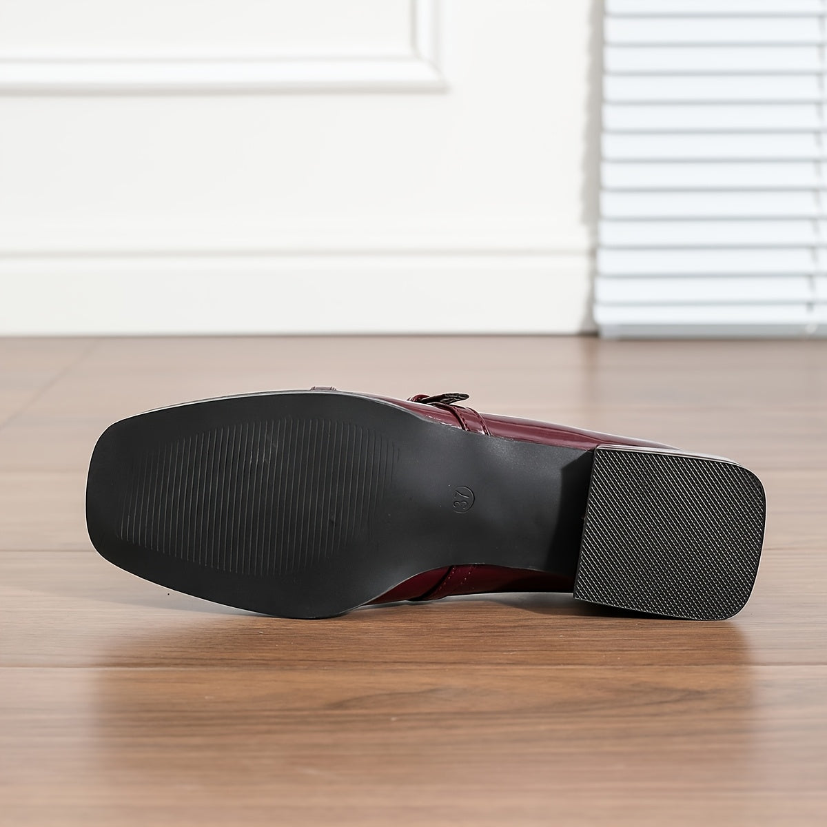 Women's Wine Red Square Toe Loafers Mid Heel Shoes