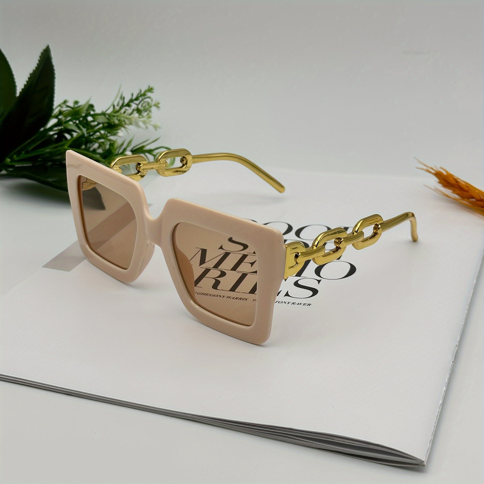 Women's Oversized Square Sunglasses with Gold Chain Temples Mirrored Lenses for Beach and Golf