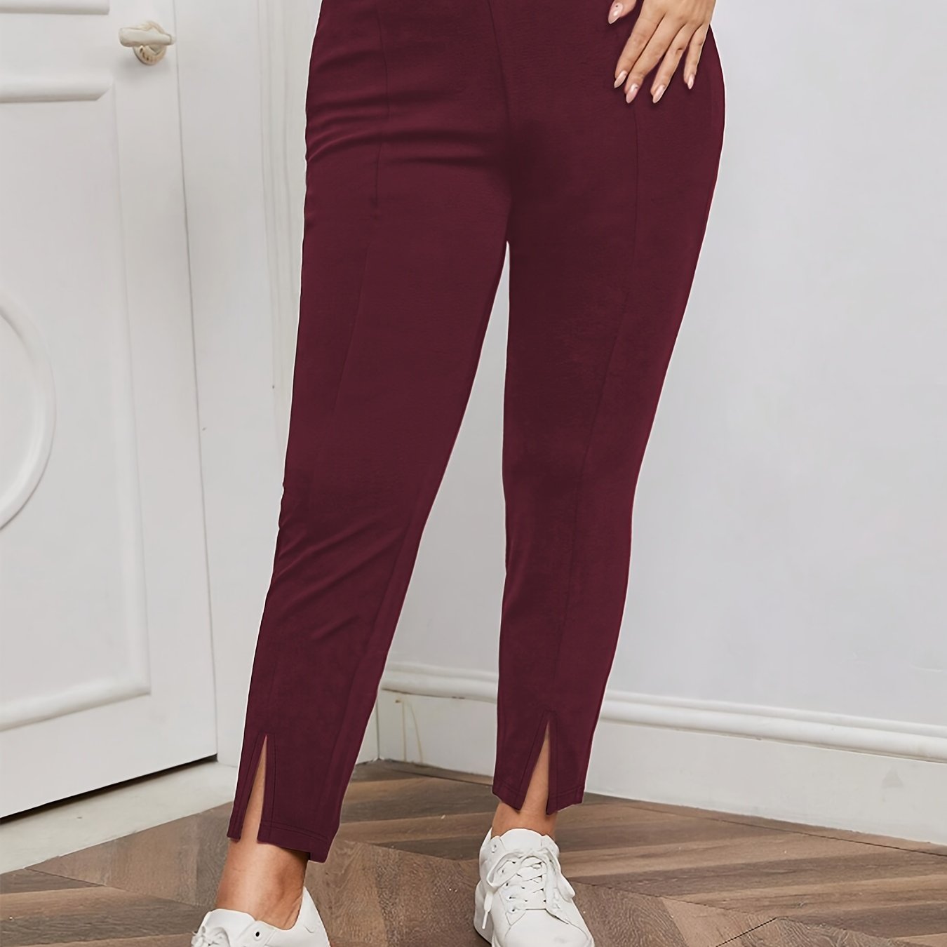 Pantalones ajustados de talla grande con dobladillo dividido en sólido para mujer, de cintura alta, casual, primavera y verano