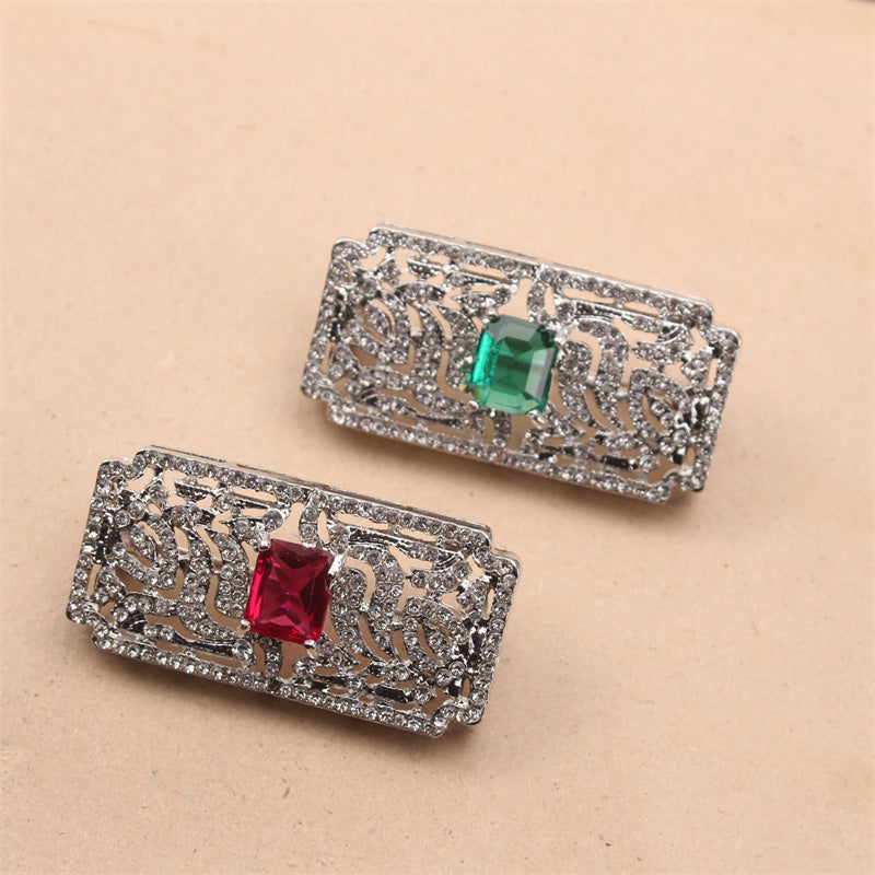 Vintage Square Brooch with Rhinestones and Enamel Corsage, Hollowed-out Design