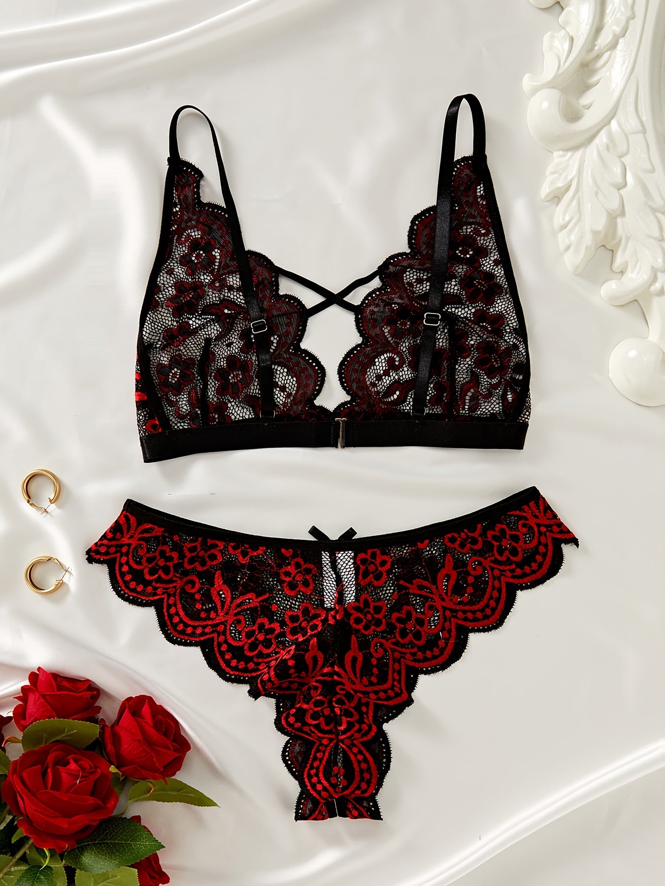 Lace Embroidered Floral Lingerie Set for Women