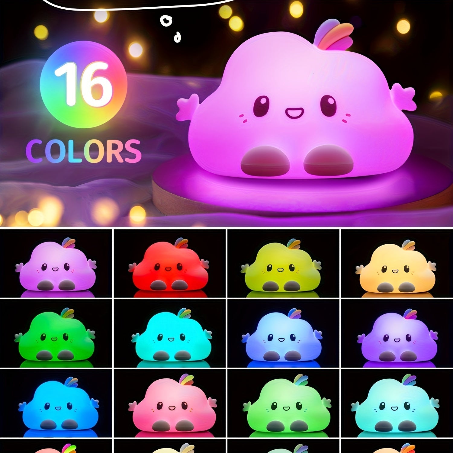 Kawaii Cloud LED Night Light with Remote Control 16 Colors Dimmable USB Rechargeable