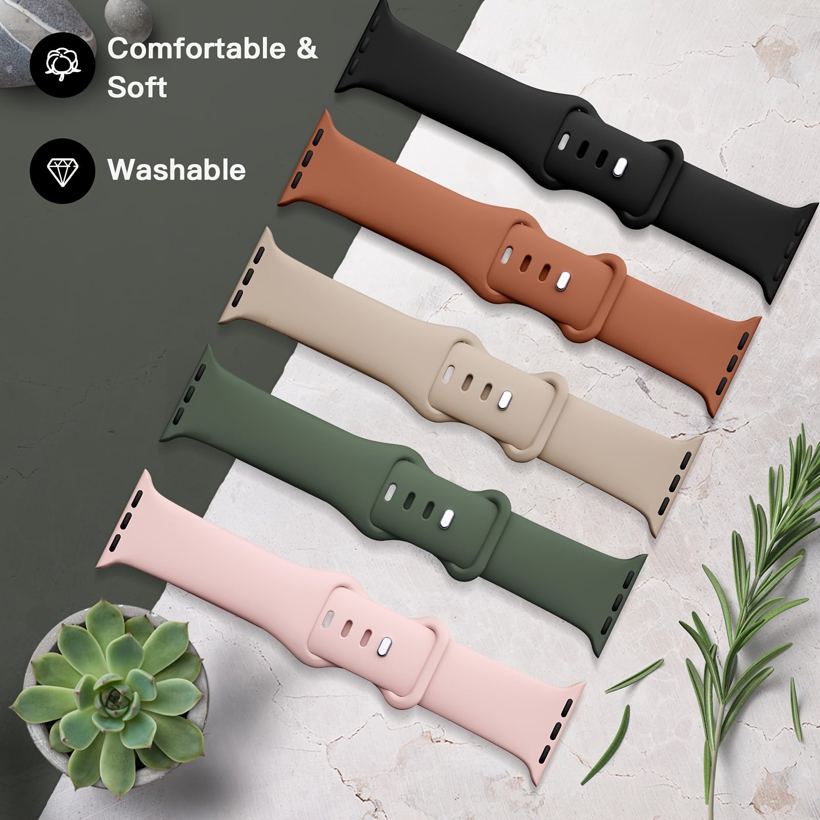 Set of 5 Waterproof Silicone Sport Bands for Apple Watch, Adjustable, Compatible with 38mm to 49mm
