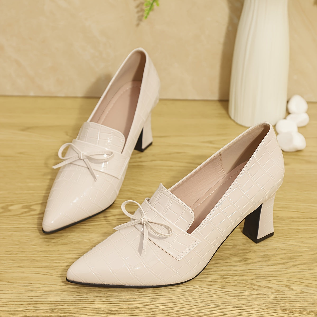 Women's Mary Jane Pumps Pointed Toe Bow Embellished Block Heel Shoes