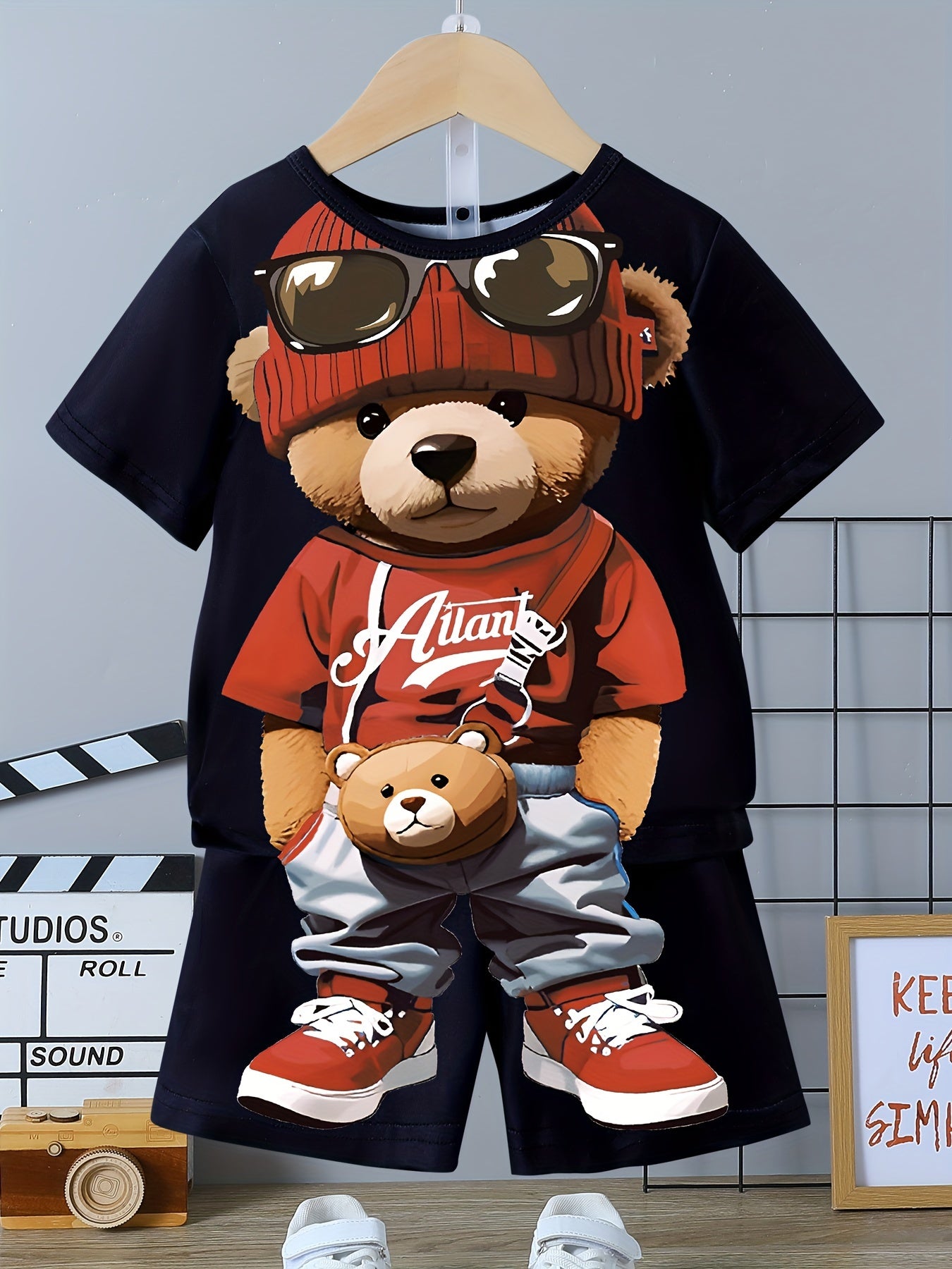 Boys' Summer Outfit Set Cartoon Bear T-Shirt and Shorts Polyester Comfortable
