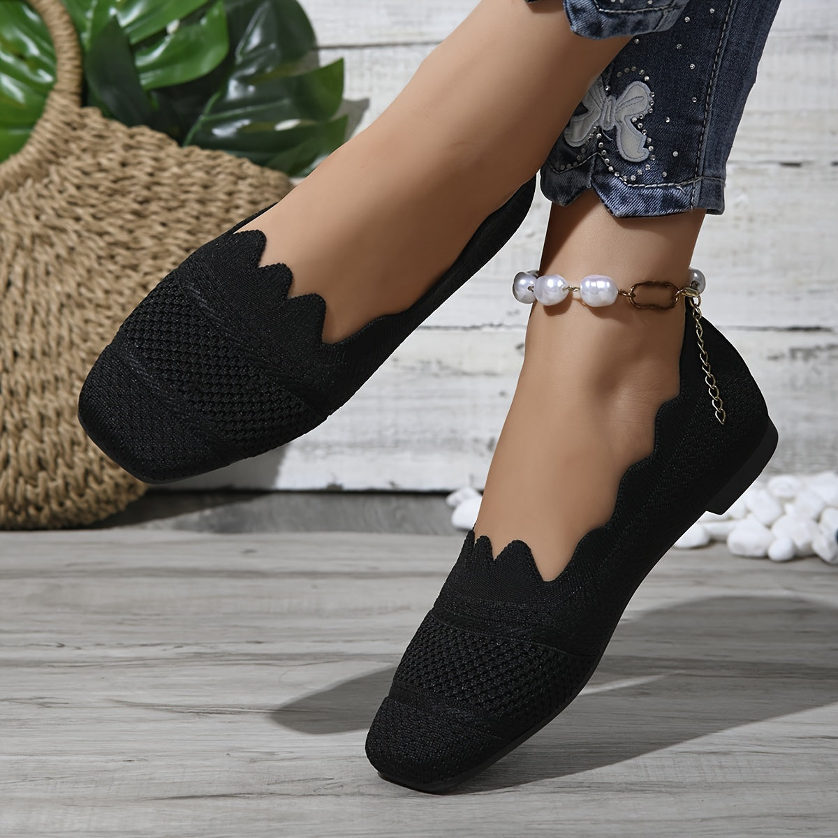 Women's Lace-Trimmed Slip-On Flats Breathable All-Season Shoes Black Gray Blue