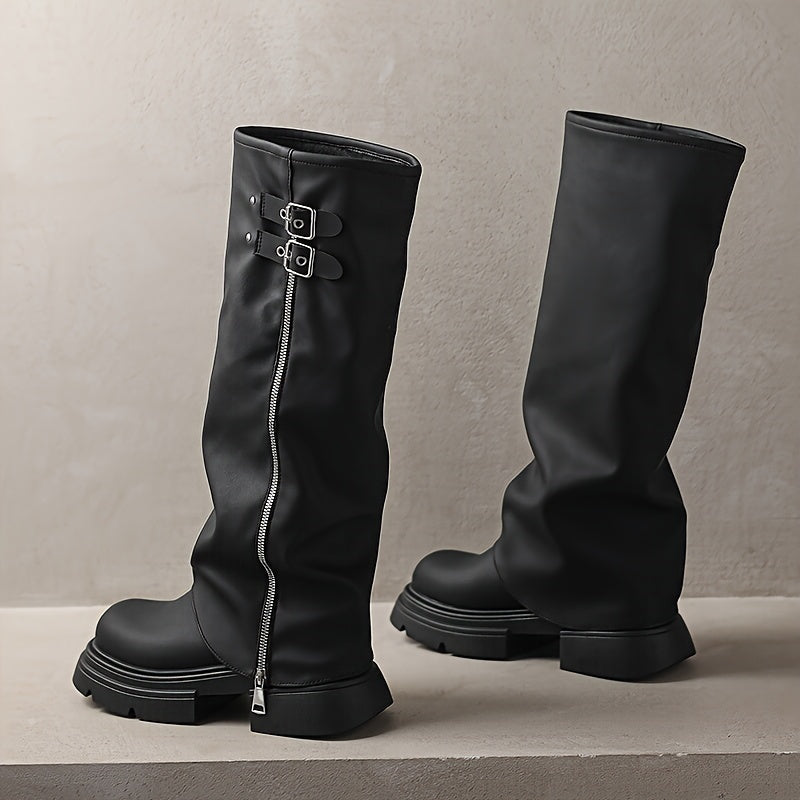 Women's Synthetic Over Knee Block Heel Boots Brown Slip-On Thick Sole