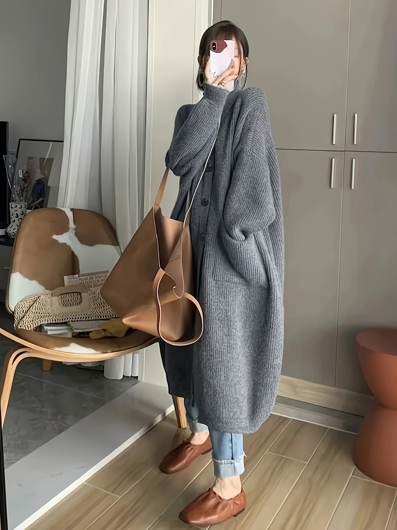 Suéter de punto de talla grande para mujer con manga larga, abertura frontal y bolsillos, otoño e invierno