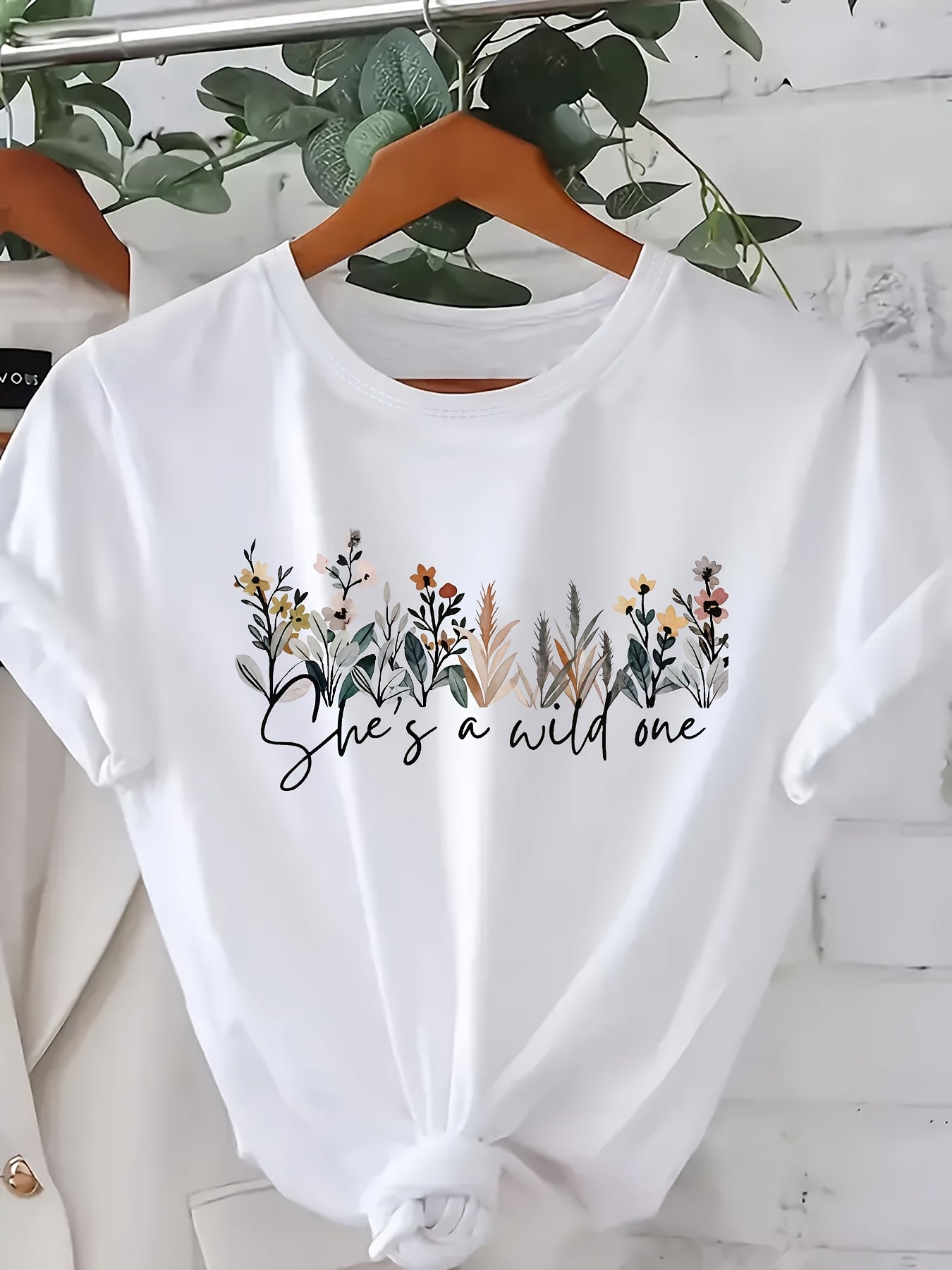 Women's Short Sleeve Floral T-Shirt with Blue Print and Text