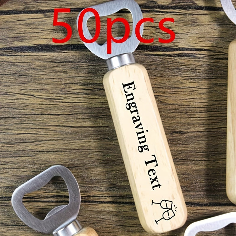 Pack of 50 Custom Engraved Wood Handle Bottle Openers Stainless Steel Beer Soda Opener
