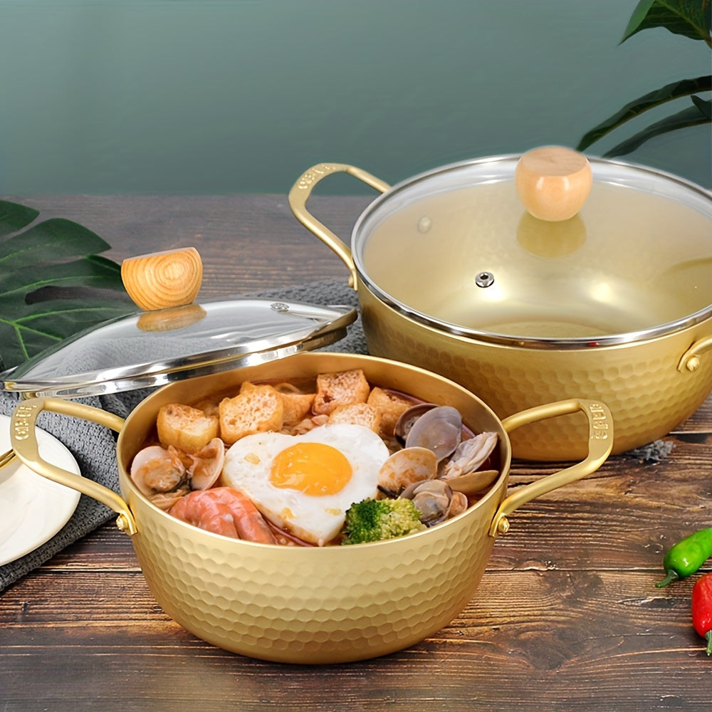 Olla de aluminio para ramen con tapa de vidrio compatible con inducción para sopas y fideos instantáneos