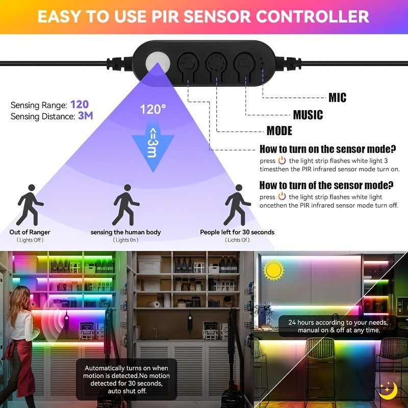 5M RGB LED Strip Lights with Motion Sensor Music Sync for TV Bedroom Gaming