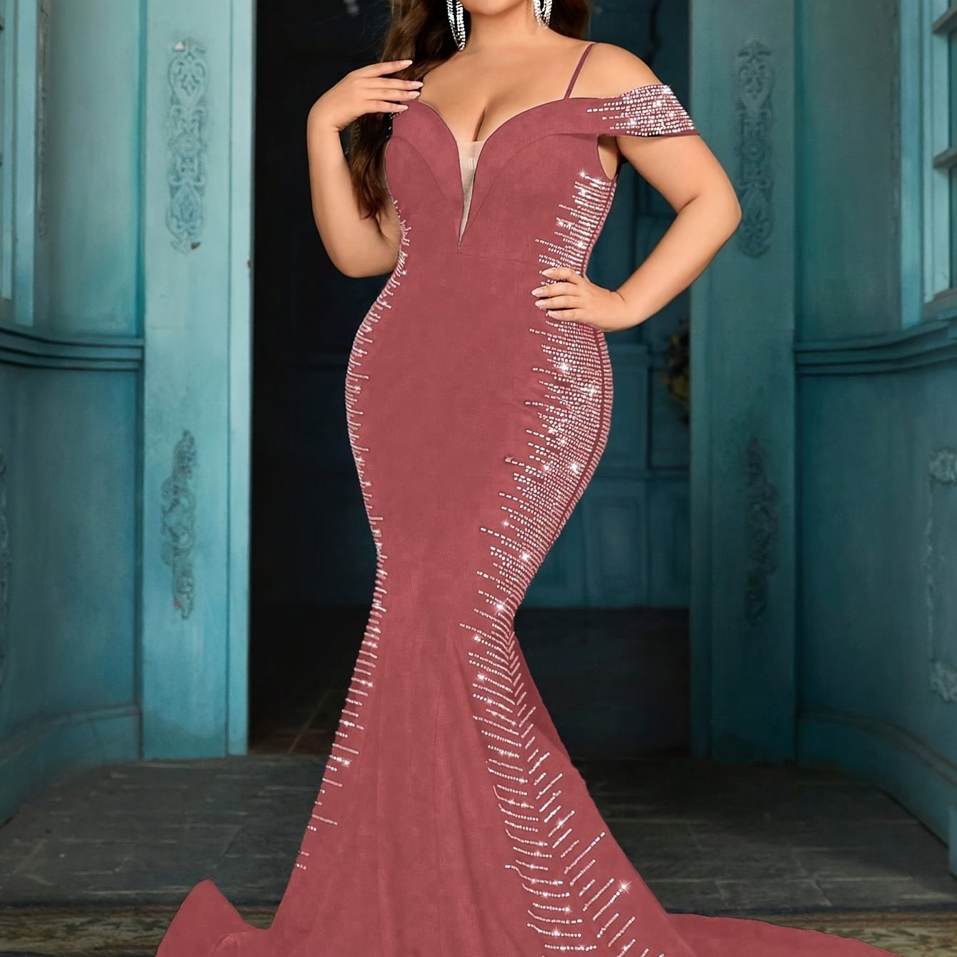 Plus Size Mermaid Evening Dress Spaghetti Strap Floor Length Formal Gown