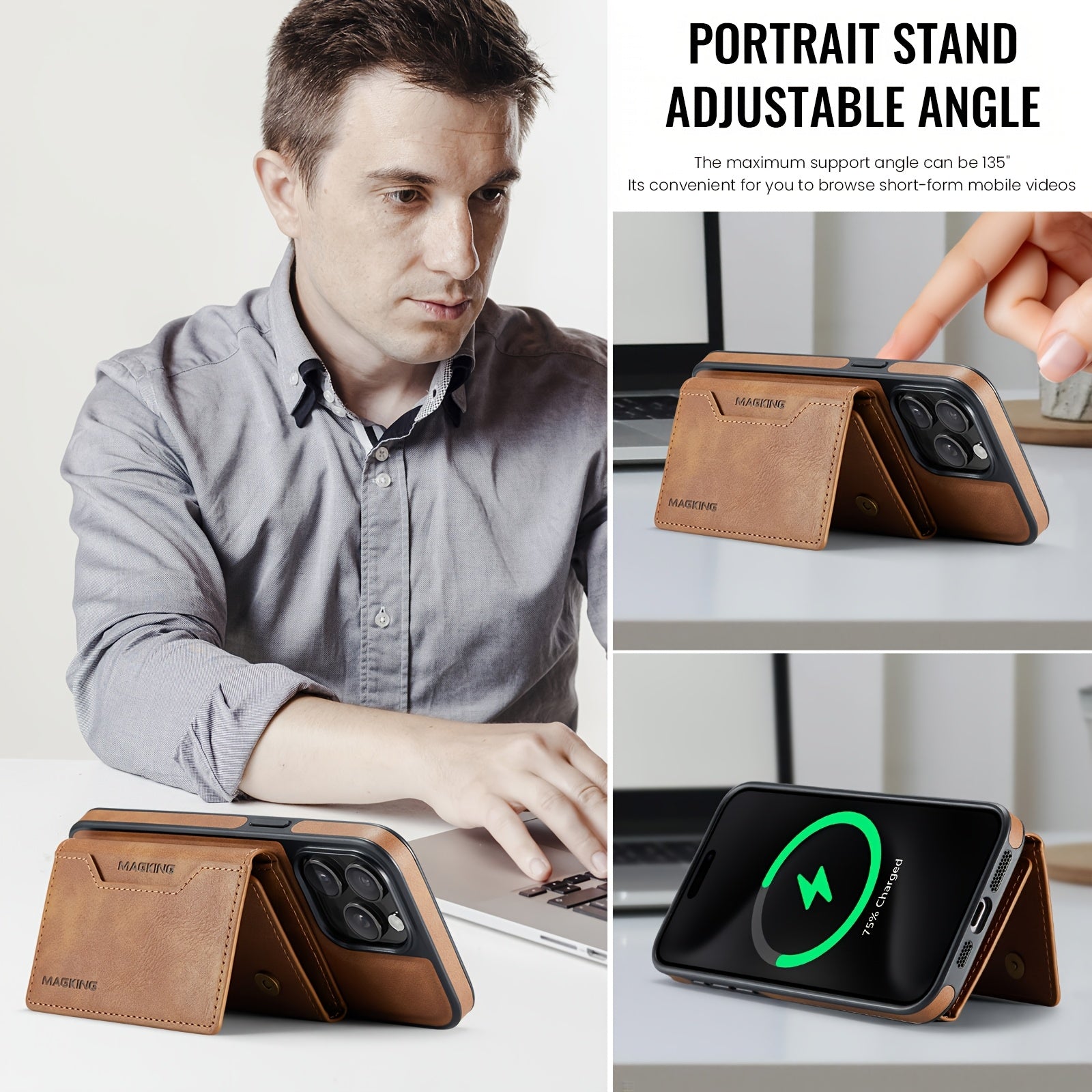 Faux Leather Magnetic Wallet Case for iPhone Pro Max with Card Holder RFID Protection Wireless Charging Stand