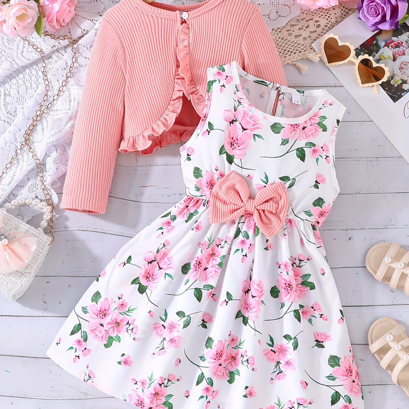 Girls Floral Print Vest Dress with Long Sleeve Jacket for Spring Fall