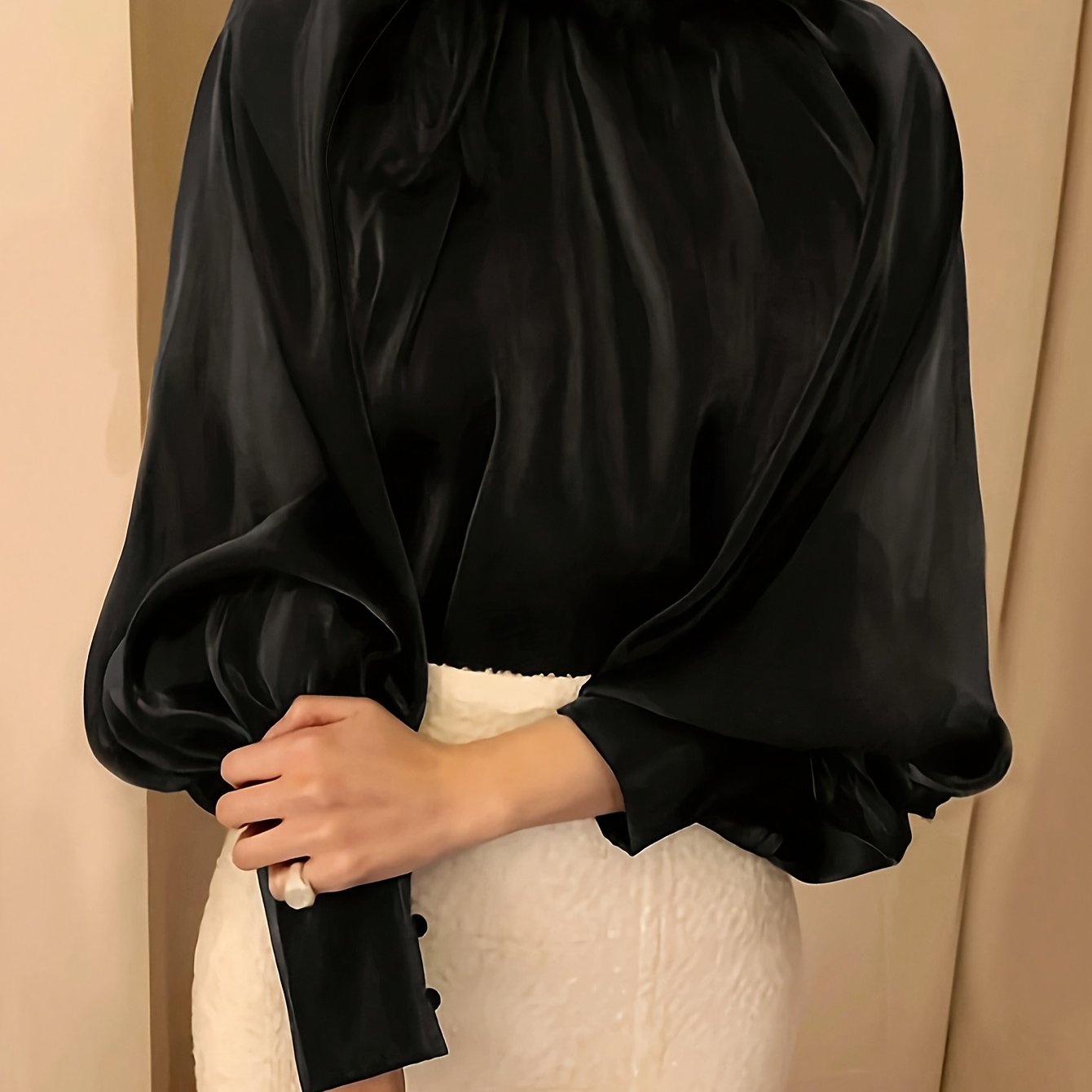 Solid Color High Neck Blouse with Tie Back for Women Elegant Woven Polyester