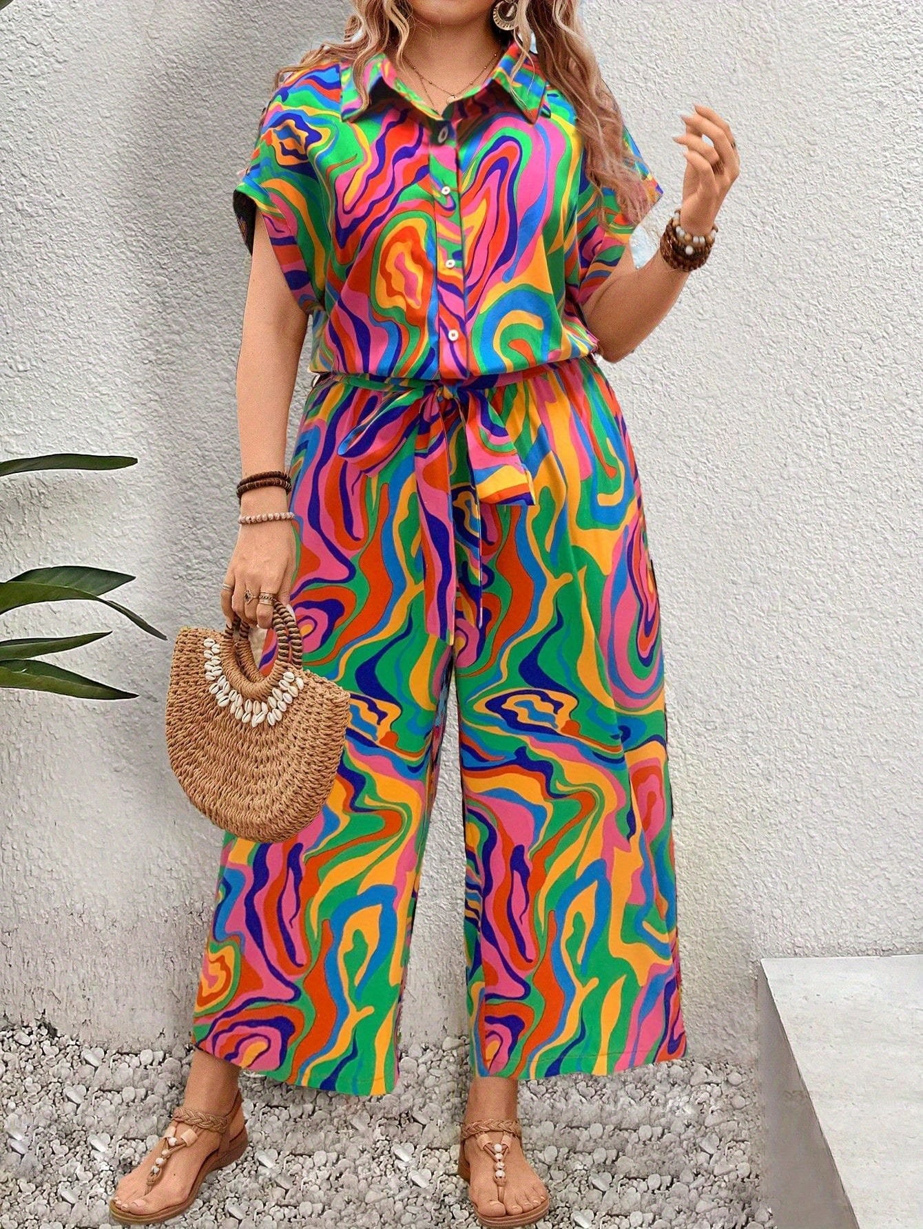 Plus Size Women's Geometric Print Jumpsuit with Adjustable Waist
