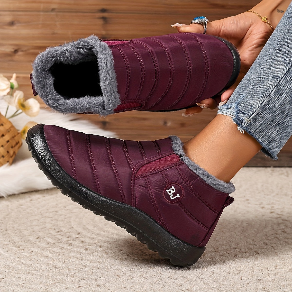 Женские зимние снегоступы с флисовой подкладкой, без шнурков, с противоскользящей подошвой из EVA