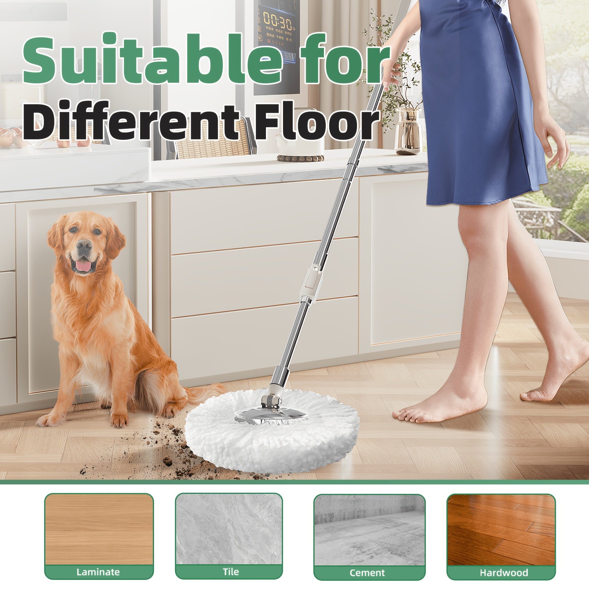 Green Spin Mop and Bucket Set with Stainless Steel Handle for Easy Floor Cleaning