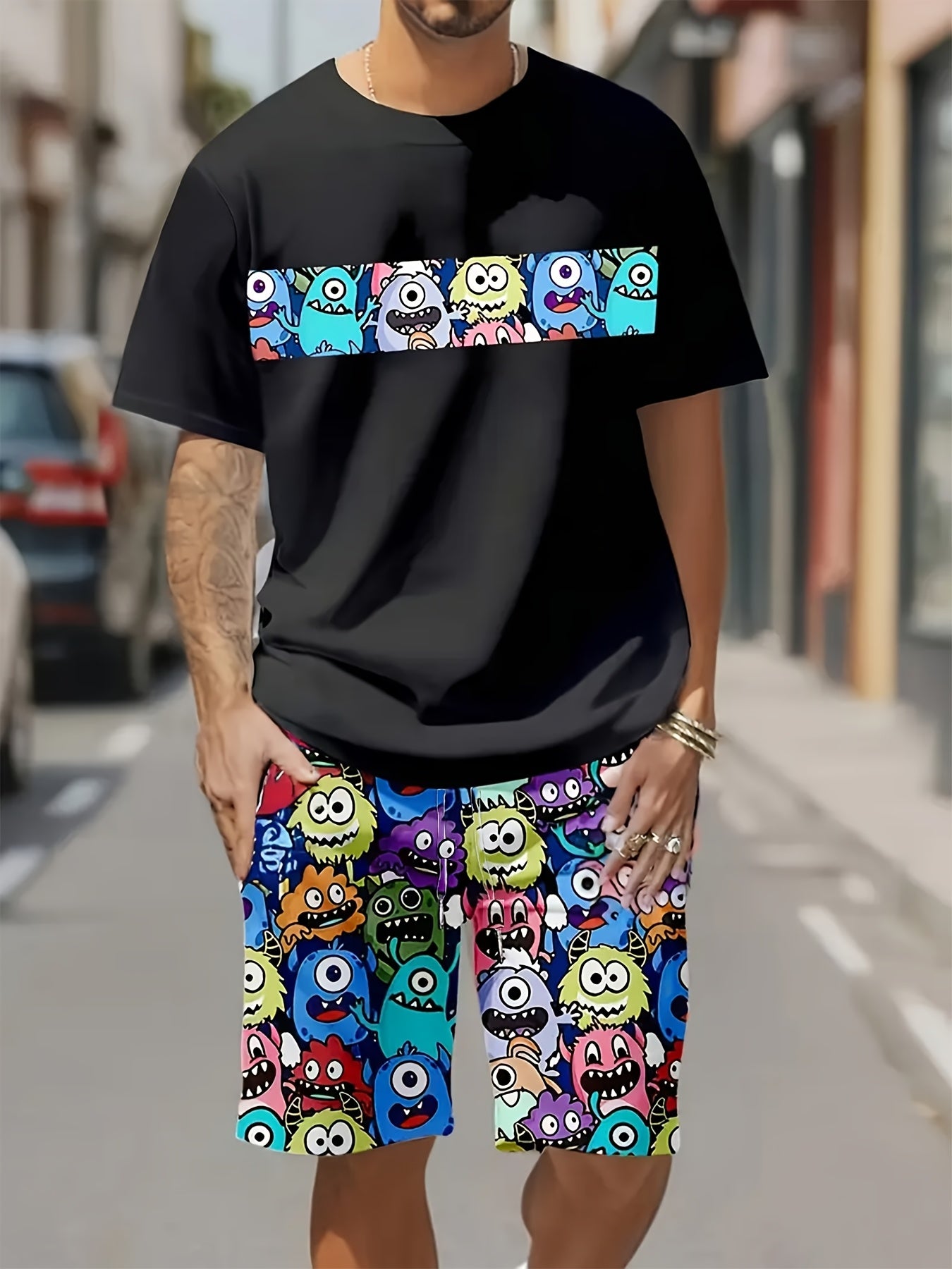 Men's Lightweight Short Sleeve Pajama Set with Elastic Waist Shorts