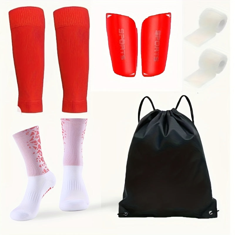 Football Training Equipment Set 5 Pieces Silicone Grip Socks Calf Sleeves Drawstring Backpack Leg Pads Polyester